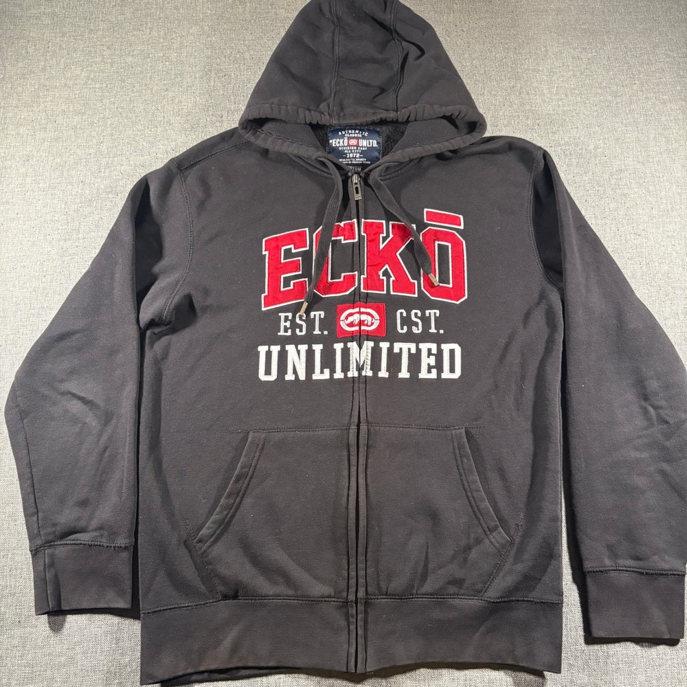 Ecko Unltd Full Zip‎ Hoodie Mens Medium Black Red Embroidered Logo Spellout Y2K